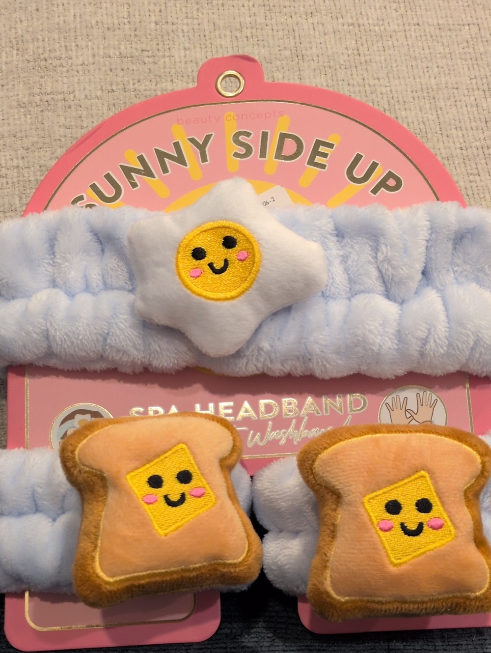 Sunny Side Up Plush Spa Headband And Wash Banda with Toast & Egg Accents